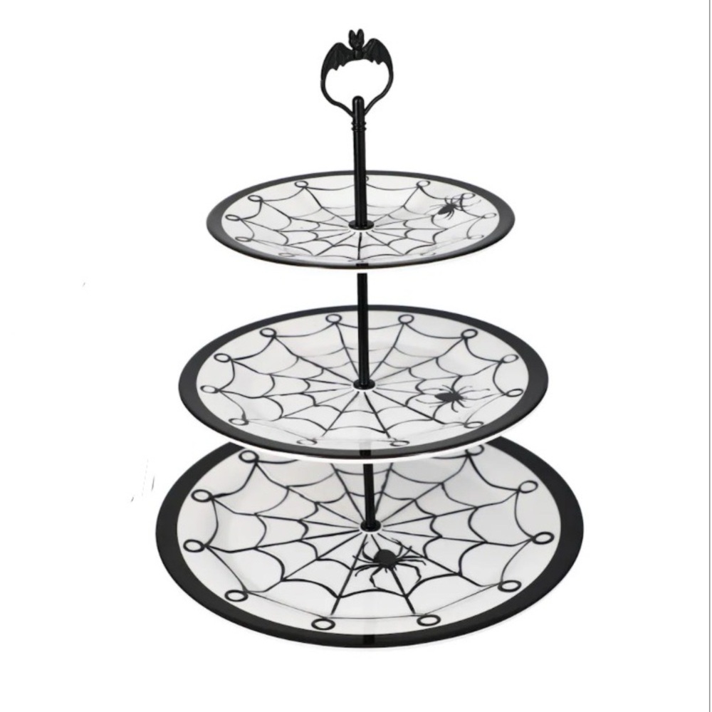 BNIB- 13”- 3-Tier Serving Tray- White w/ Black Spider Web & Metal Bat Handle